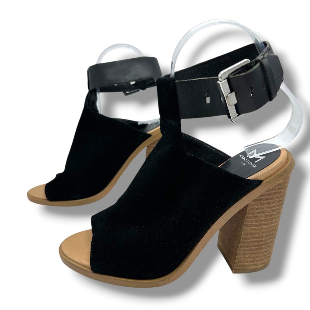 Marc Fisher LTD‎ Vashi Black Suede Peep Toe Chunky Block Heel Buckle Sandals 7M